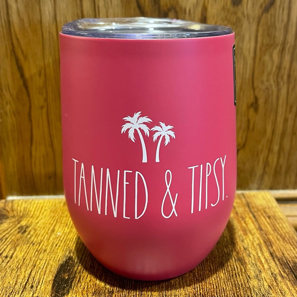 Rae Dunn TANNED & TIPSY Palm Trees Pink Insulated Stainless Steel Wine Glass NEW